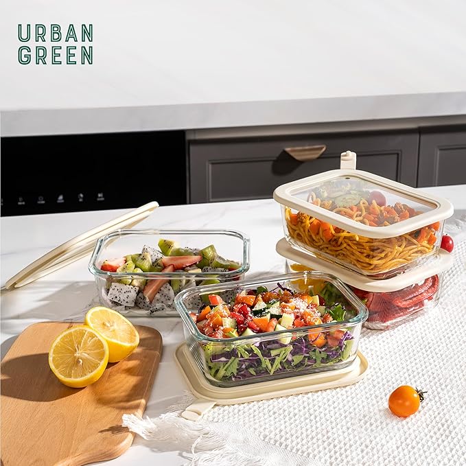 Urban Green Glass Food Storage Containers with Glass Lids, Microwave Safe Food Container Set, Airtight Food Container Set, LeakProof, 100% Plastic Free, White Color, 4pack