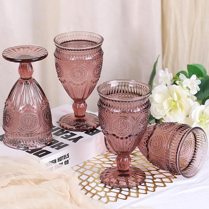 4Pcs Purple Wine Glasses, 12oz Glass Goblets, Vintage Drinking Glassware, Colored Glassware Set for Party, Home & Wedding