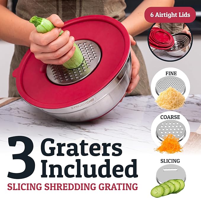Priority Chef 6Pc Large Mixing Bowls With Lids Set with Non-Slip Bases, Stainless Steel Mixing Bowl Set, 6 Airtight Lids and 3 Graters, Red