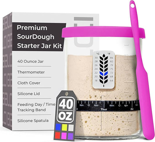 Premium Sourdough Starter Jar - 40oz Large Sourdough Jar with Marked Feeding Band, Thermometer, Scraper, Cloth Cover and Silicone Lid/Base, Wide Mouth Starter Kit - Pink