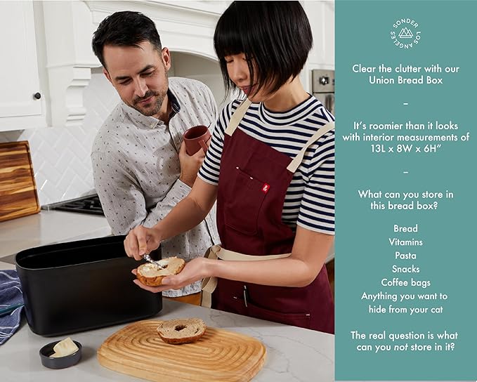 Sonder Los Angeles, Modern Bamboo Fiber and Recycled Plastic Bread Box (Black) for Kitchen Countertop with Reversible Bread Board Wood Lid 14.25 x 9.25 x 7 in