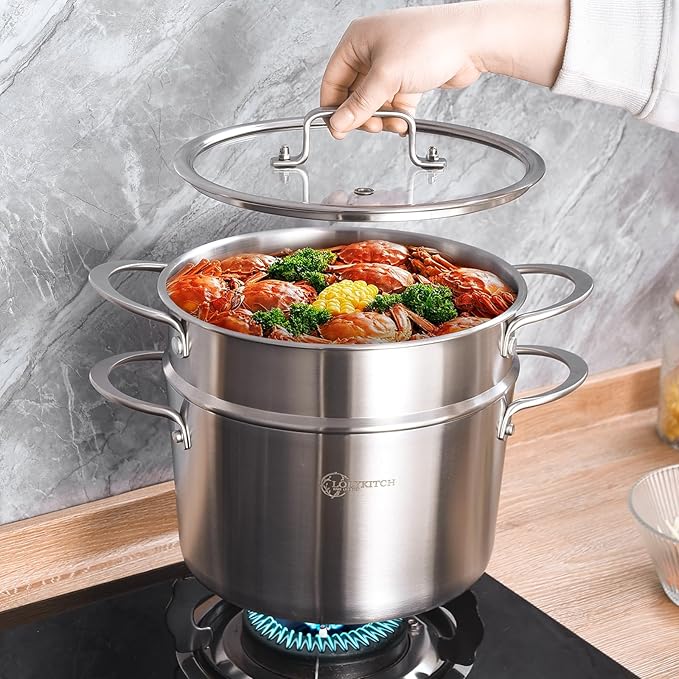 LOLYKITCH Tri-ply Stainless Steel 3 QT Stock Pot with Lid and Steamer,Induction Cooking Pot,Steamer Cookware,Dishwasher and Oven Safe.