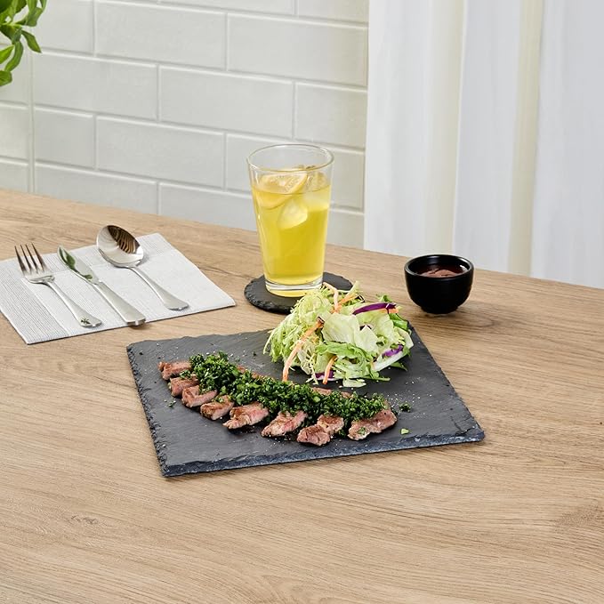 Restaurantware Slate Serving Trays 4 Pack of 10 x 10" Foam Feet Charcuterie Stone Plates Rustic Edges Freezable Black Square Serving Display Cheese Boards for Kitchen, Gourmet, Dining, Parties