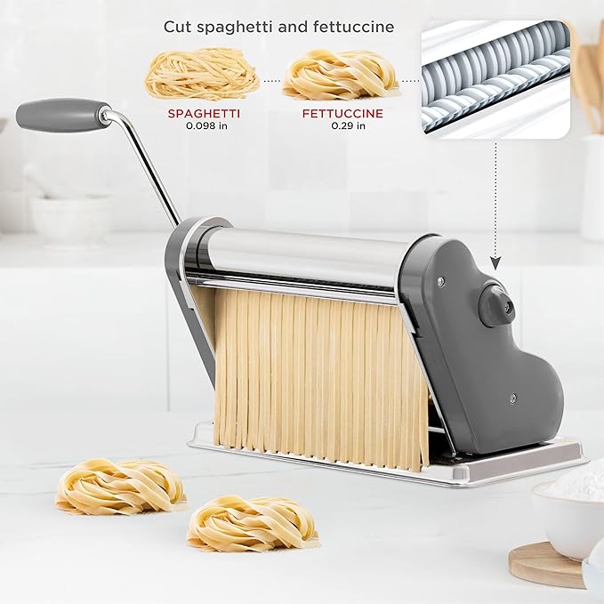 PASTALINDA Classic 260 Pasta Maker Machine, 26 cm Wide Rollers, 9 Thickness Positions, 2 Cutting Positions, Stainless Steel. Includes Reinforced Hand Crank And Two Clamps (Gray)