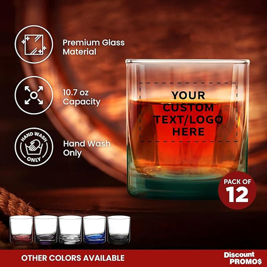 Custom Lexington Rocks Whiskey Glass 10.5 oz, Set of 12, Personalized Bulk Pack - Perfect for Scotch, Bourbon, Whiskey, Cocktail - Green