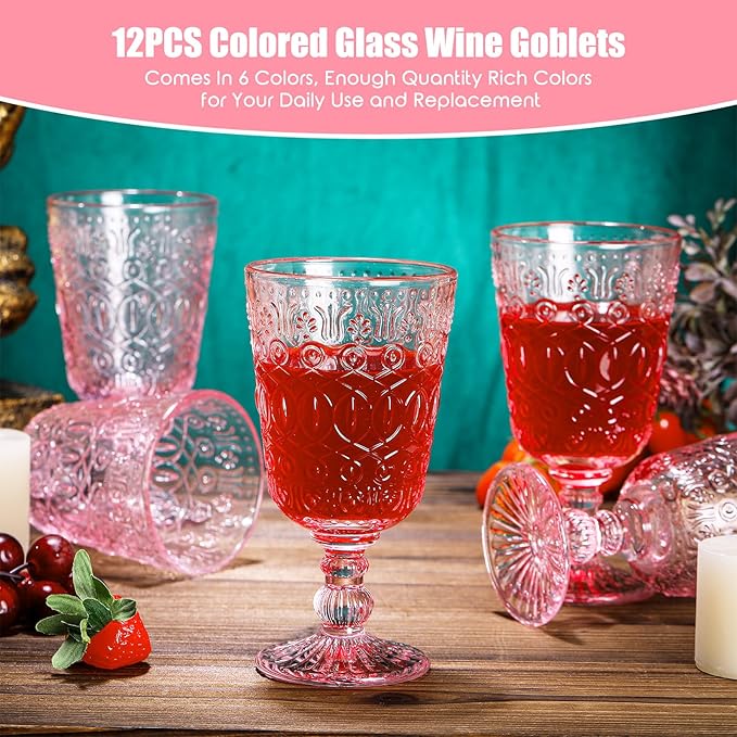 Eaasty Wine Glasses Set of 12 Vintage Goblet 9 oz Vintage Colored Glass Goblet Beverage Stemmed Glass Cups Romantic Embossed Glassware for Wedding Party Holidays Anniversary (Pink)