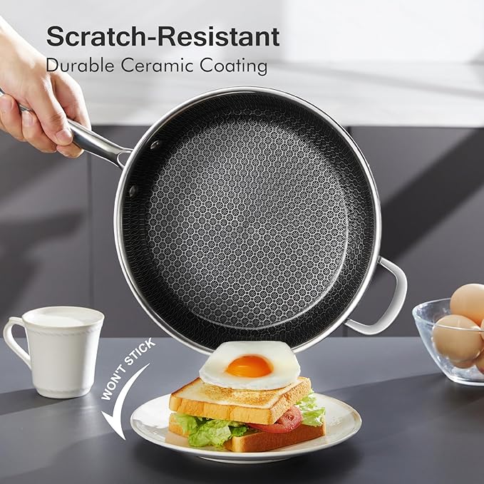 USELUCK-Non-electric deep fryers,Frying Pan with Lid,Tri-play Stainless steel Non-stick,Non-toxic Deep Frying Pan with Tempered Glass Lid, 12 inch 5.5 QT,Stay-Cool Handles Induction, Oven, Dishwasher.