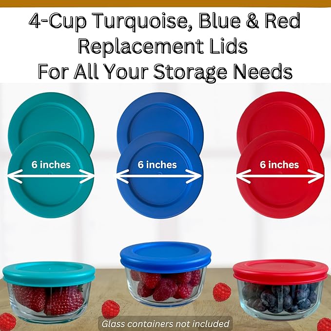 4 Cup/950 mL Turquoise, Blue, Red Replacement Lids/Covers for Pyrex 7201-PC, 32oz Anchor Hocking & Klare Ware Storage Bowls *Lids Only* - *Glass Container Not Included* (6 Pack, Turquoise/Blue/Red)