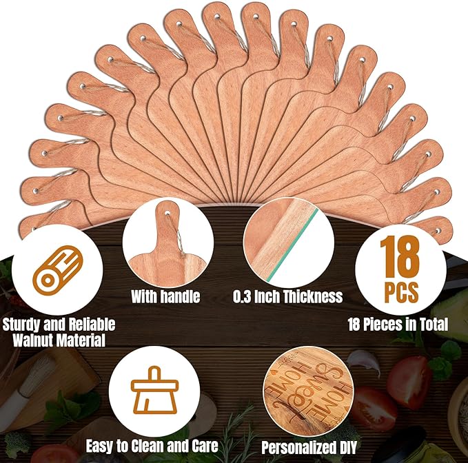 Irenare 18 Pcs Plain Cutting Board Set with Handles Laser Engraving Wooden Charcuterie Kitchen Serving Chopping Board Bulk for DIY Housewarming Mother's Day Gifts(Walnut,15 x 7 Inch)