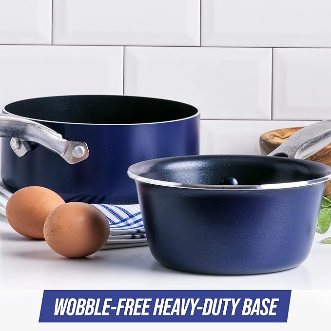 Blue Diamond Cookware 1QT and 2QT Saucepan Set, Diamond Infused Ceramic Nonstick, PFAS and PFOA-Free, Dishwasher Safe, Oven Safe, Durable, Versatile, Easy Clean, Even Heating, Blue