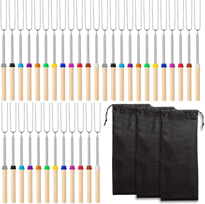 36 Pcs Marshmallow Roasting Sticks Campfire Smores Skewers for Fire Pit 32 Inch Long Extendable Fork Smores Sticks with Wooden Handle 3 Pcs Storage Bag for Cooking Grill Hot Dog Camping Accessories