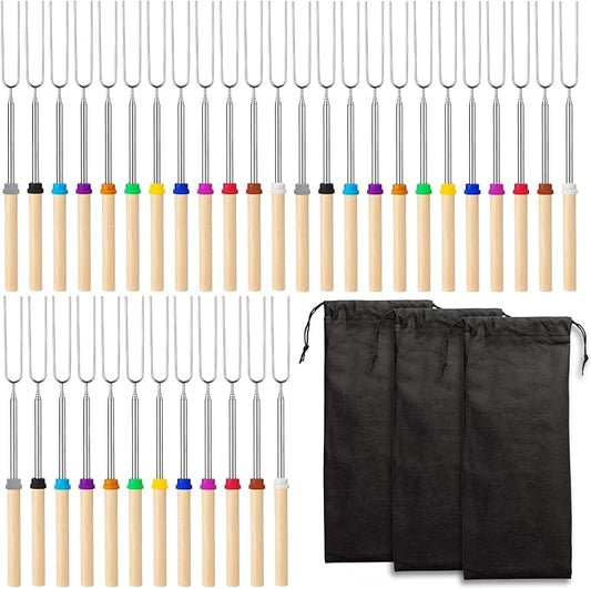 36 Pcs Marshmallow Roasting Sticks Campfire Smores Skewers for Fire Pit 32 Inch Long Extendable Fork Smores Sticks with Wooden Handle 3 Pcs Storage Bag for Cooking Grill Hot Dog Camping Accessories