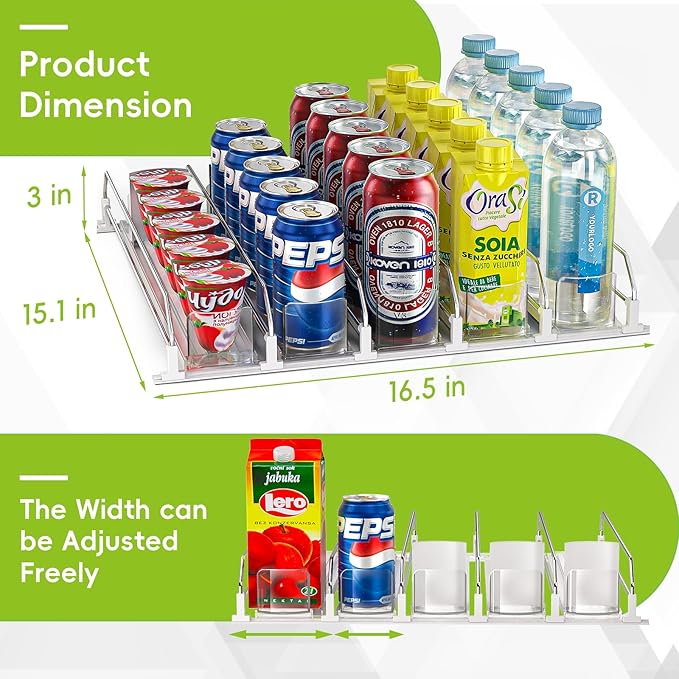 Soda Can Dispenser for Refrigerator,Self-Pushing Drink Organizer for Fridge, Width Adjustable Fridge Organization, Beer Pop Can Water Bottle Drink Dispenser for Fridge (15.1"D) White (White, 6 Row)