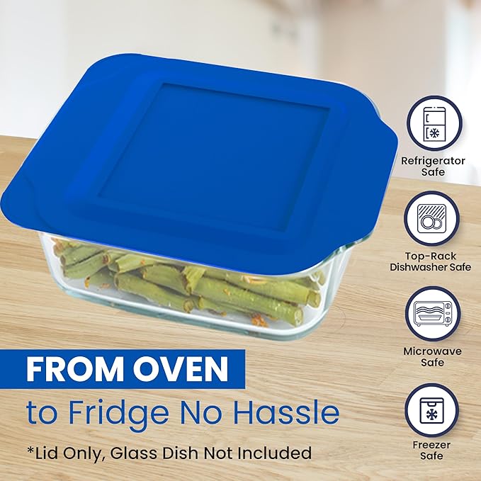 Replacement Lid for Pyrex 2-Quart 8" x 8" Glass Baking Dish #222, Compatible with Lid #222-PC, Food Storage Container Cover with Flush Tab Handles (Blue)
