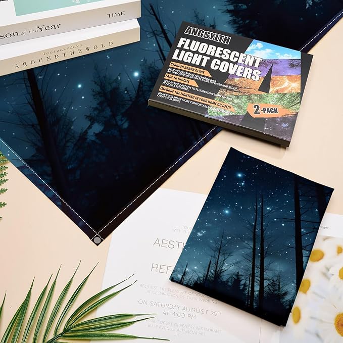 2 Pcs Fluorescent Light Covers - 4 x 2 Feet Covers for Ceiling Lights, Magnetic Light Filters for Classroom, Office, Hospitals, Home (Forests & Starry Sky-2)