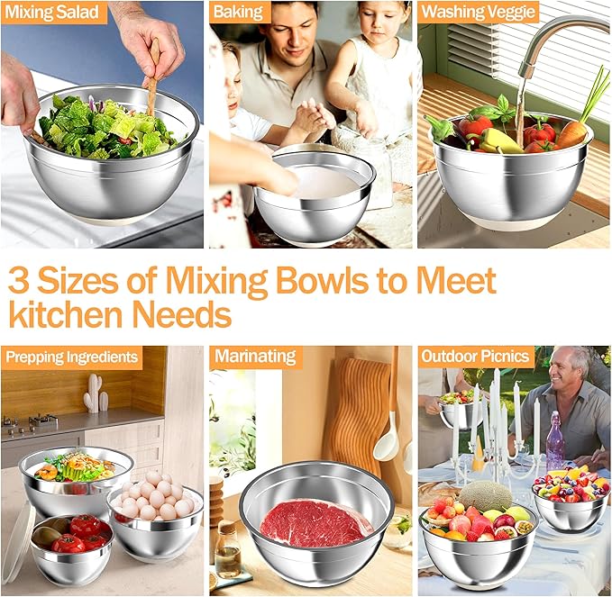 Mixing Bowls with Airtight Lids, Stainless Steel Mixing Bowl Set with 3 Metal Nesting Bowls, Colander & Grater, Non-Slip Bottoms, Size 1.5, 2.5, 6 QT, Great for Mixing & Serving, Khaki