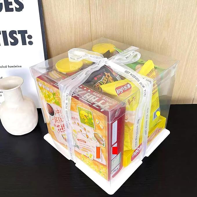 30 Pcs, 12'x12'x11' inch Food Grade Clear Plastic Display Boxes, 29.4 x 29.4 x 25 cm with Ribbon, for Cakes, Bakeries, Desserts, Birthday, Christmas and Thanksgiving