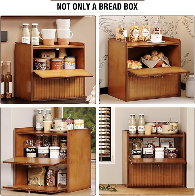 Rustic Bread Box for Kitchen Countertop Bamboo Bread Storage Container Bin Double Layer BreadBox Farmhouse Large Capacity Food Organizer (Brown)