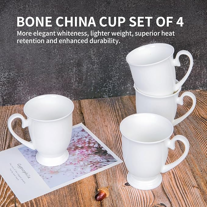 Luxury Fine Bone China White Coffee Mugs Set of 4 (8 oz), Ceramic Euro Style Tea Cups, Elegant Durable Coffee Cups Set for Gifts, Women, Men, Mom, Dad, Wedding