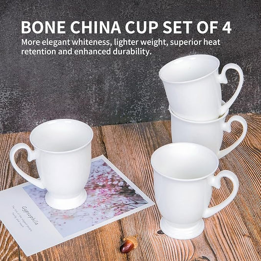Luxury Fine Bone China White Coffee Mugs Set of 4 (8 oz), Ceramic Euro Style Tea Cups, Elegant Durable Coffee Cups Set for Gifts, Women, Men, Mom, Dad, Wedding