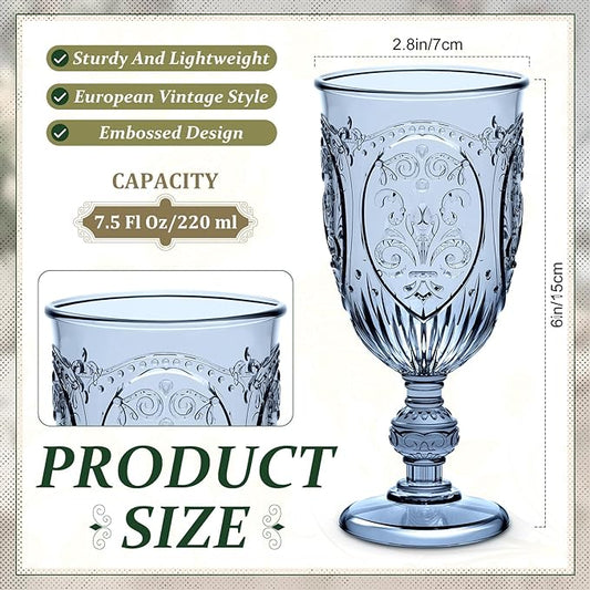 24 Pcs Plastic Goblets 7.5oz Vintage Goblet Plastic Wine Glasses Colored Retro Embossed Water Goblets for Wine Bar Juice Baby Shower Wedding Reception Grand Event Party (Blue)