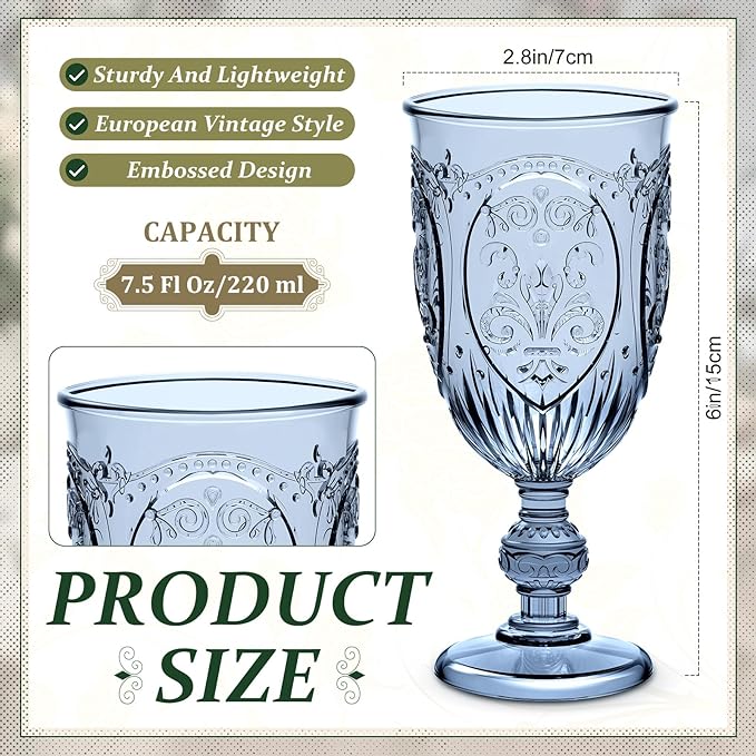 48 Pcs Plastic Goblets 7.5oz Vintage Goblet Plastic Wine Glasses Colored Retro Embossed Water Goblets for Wine Bar Juice Baby Shower Wedding Reception Grand Event Party (Blue)