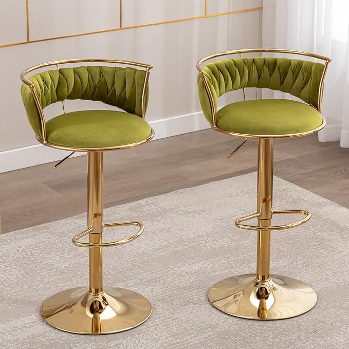 LukeAlon Velvet Adjustable Barstools Set of 4, Modern 360° Swivel Counter Stools with Golden Base Upholstered Open Back Tall Bar Chairs with Footrest for Home Kitchen, Green
