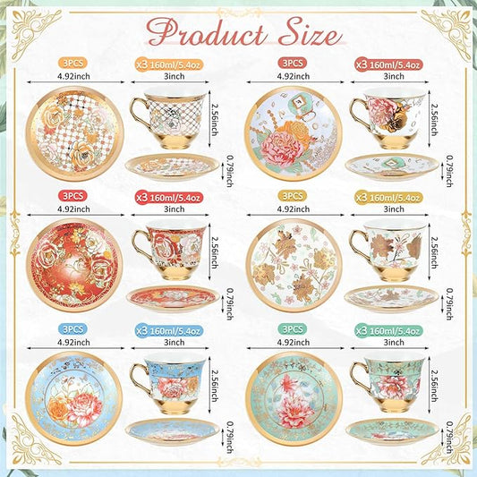 Set of 18 Tea Cups and Saucers Tea Party Decorations Floral Porcelain 5.4 oz British Gift for Women Birthday Party, Church, and Mother's Day (Stylish Style,5.4 oz)