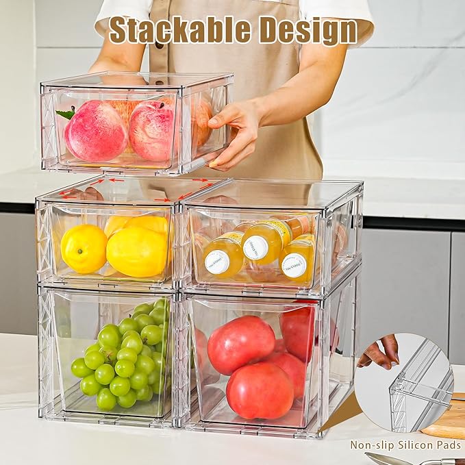 4Pack Stackable Kitchen Storage Organizer, Pantry Organizers and Storage, Clear Foods Organizer Bins with Handles, Easily Assemble for Bathroom, Kitchen, Pantry, Cabinet, Closet