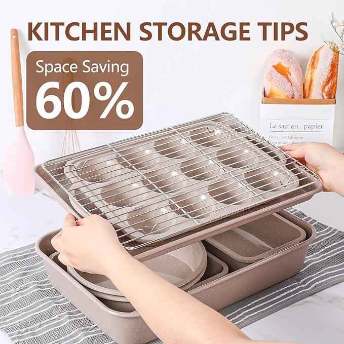 Vinino 8-Piece Baking Pans Set Nonstick, Bakeware Set includes Silicone Muffin, Loaf, Cake Pans with Metal Reinforced Frame, and Carbon Steel Roasting Pan, Cookie Sheet, Cooling rack for Oven