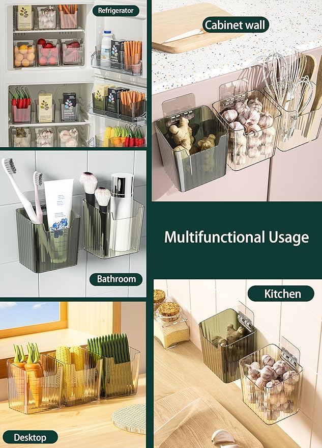 Set of 2 Storage Organizer Bins Wall Mounted Floating Shelves Fridge Organizer Stackable Clear Plastic Storage Bins for Wall, Refrigerator, Kitchen, Bathroom, Countertops, Pantry, BPA Free (Green)