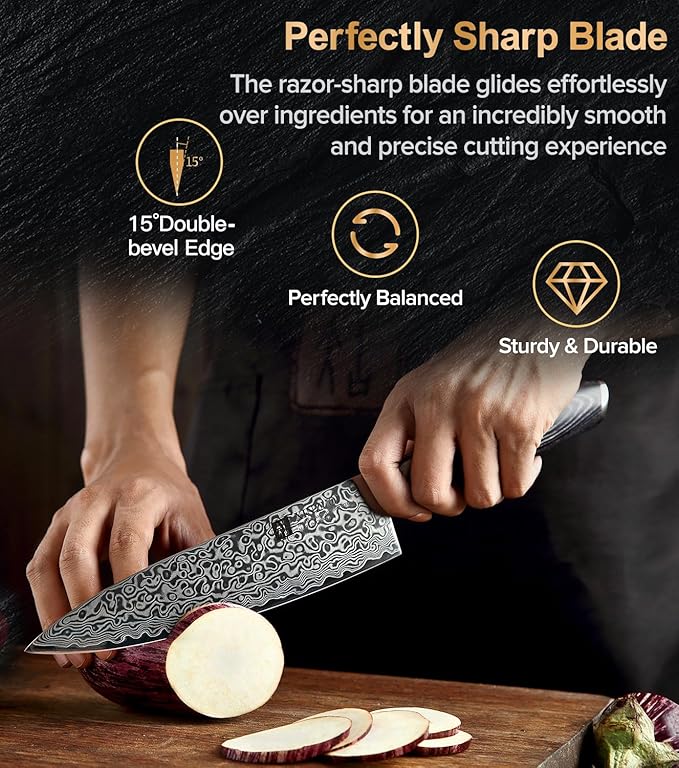 XINZUO Damascus Gyuto Chef Knife with Sheath 8 Inch,Sharp Kitchen Knife Professional,Pakkawood Handle, Chef Gift Box