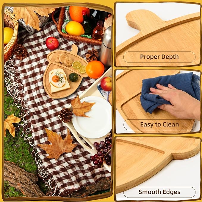 AWIZOM Acorn Shape Bamboo Serving Tray Thanksgiving Wooden Serving Platter Wood Snack Cheese Charcuterie Boards Wooden Acorn Dish Plate for Halloween Autumn Harvest Party Supplies,11.22x14.17x0.59