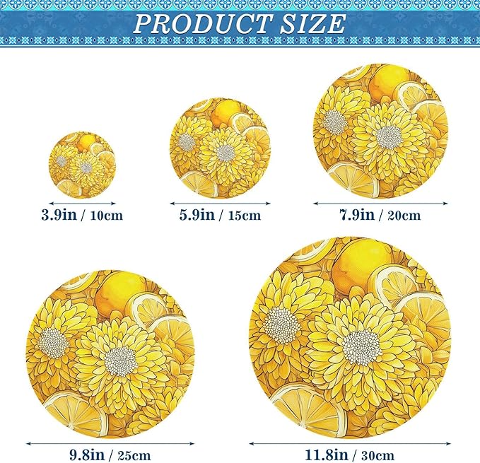 5 Pcs Bowl Covers Reusable in 5 Size Elastic Food Cover Cloth Lids Fresh Keeping Dish Cookware Bakeware Fabric Covers Lids for Food Leftovers Fruits Storage Cartoon Yellow Chrysanthemum Flo