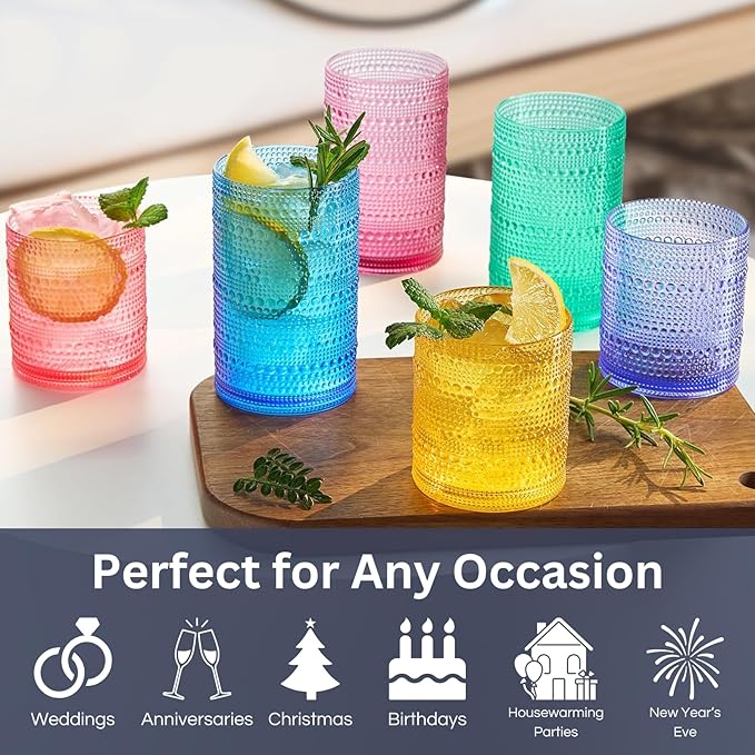 Khen Plastic Hobnail Drinking Glasses Set of 12 Bright Tones Cups 6x 10oz Lowball & 6x 1oz Highball Acrylic Beaded Design, BPA-Free, Dishwasher Safe Indoor/Outdoor Drinkware Water, Juice, Cocktails