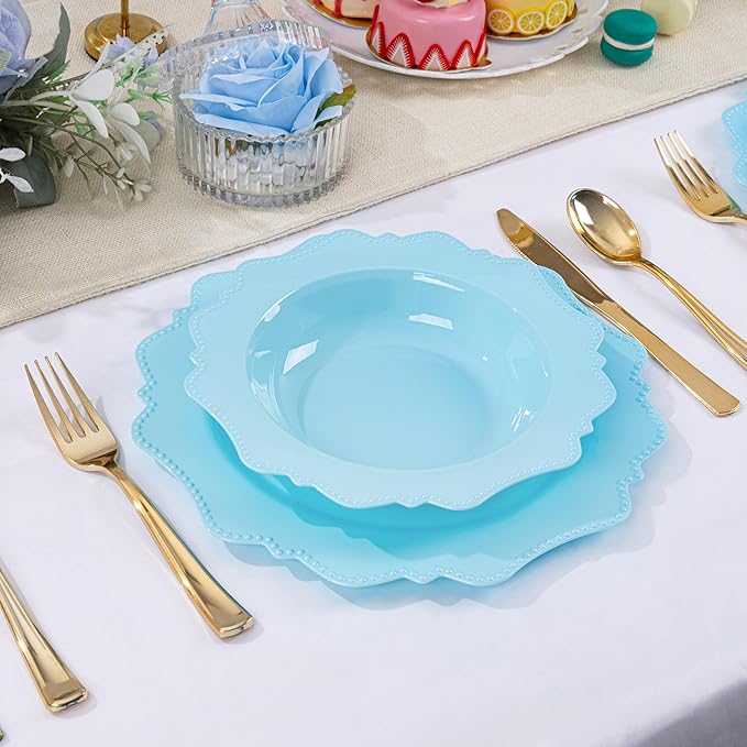 COLOSUS Light Blue Plastic Party Bowls (60 Pack) 12 Oz Disposable Soup/Salad Bowl, Fancy Shatterproof Dinnerware for Easter, Catering, Holidays, Weddings, and Everyday Use