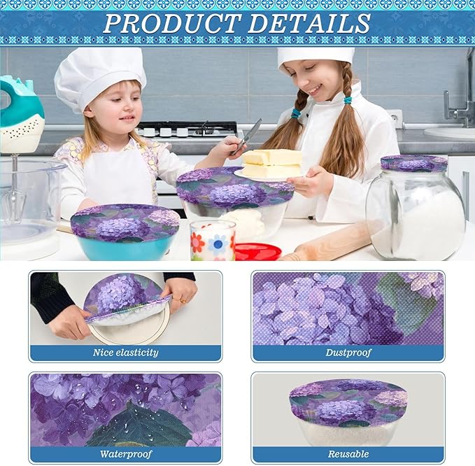 5 Pcs Bowl Covers Reusable in 5 Size Elastic Food Cover Cloth Lids Fresh Keeping Dish Cookware Bakeware Fabric Covers Lids for Food Leftovers Fruits Storage Purple Cute Hydrangeas