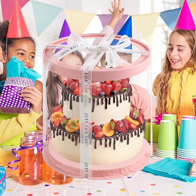 6Pcs Clear Pink Cake Boxes with Ribbon 8.5*9.5inch Round Transparent Cake Containers Tall Tiered Bakery Box 7inch and 6inch Cake Carrier Packaging Boxes for Birthday Party (Pink, Round 8.5inch/6pcs)