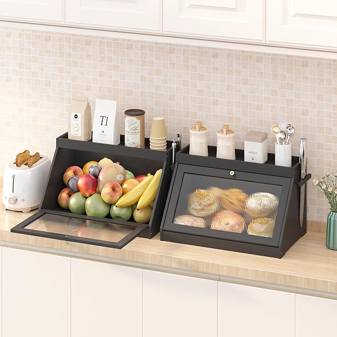 Bamboo Bread Box with Shelf for Kitchen Counter-Large Capacity Bread Storage Container with Wavy Arcylic Transparent Door Bamboo Wooden Farmhouse Bread Box for Your House (Black)