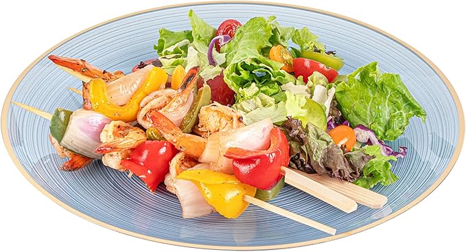 Restaurantware Plastic Plates 100 Pcs 10" Gold Rimmed Disposable Plates Heavy-Duty Blue Translucent Rippled Plastic Dinner Servers for Party, Weddings, Salads, Desserts, and Appetizers