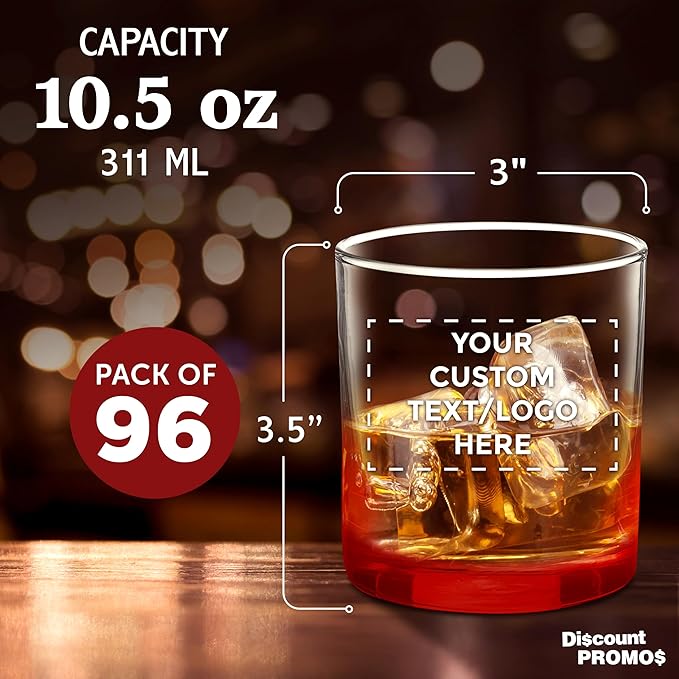 Custom Lexington Rocks Whiskey Glass 10.5 oz, Set of 96, Personalized Bulk Pack - Perfect for Scotch, Bourbon, Whiskey, Cocktail - Red