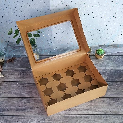 ONE MORE 15-Pack Brown Cupcake Boxes 12 Holders Cake Carrier Food Grade Kraft Pop-up Bakery Boxes 13.8 x 9.5 x 4inch with Inserts and PVC Windows Fits 12 Cavity Cupcake Pack of 15