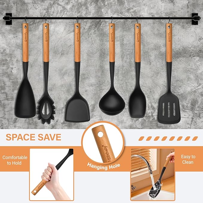 Large Silicone Cooking Utensils Set, 10Pcs Nonstick Kitchen Utensil Set with Wooden Handle, Heat Resistant Silicone Utensils for Cooking, BPA Free Spatula Set with Turners Spoon Ladle Skimmer(Black)