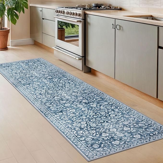 Vintage 2x8 Hallway Runner Rug, Blue and White Washable Rug, Non-Slip Super Soft Kitchen Runner Rug, Print Faux Wool Floral Thin Carpet for Entryway Bedside