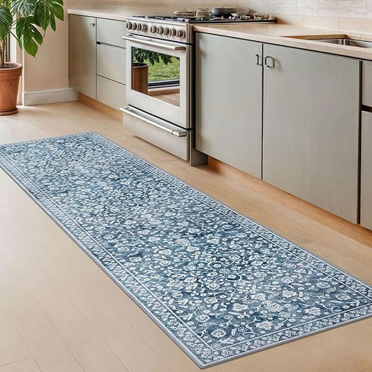 Vintage 2x8 Hallway Runner Rug, Blue and White Washable Rug, Non-Slip Super Soft Kitchen Runner Rug, Print Faux Wool Floral Thin Carpet for Entryway Bedside