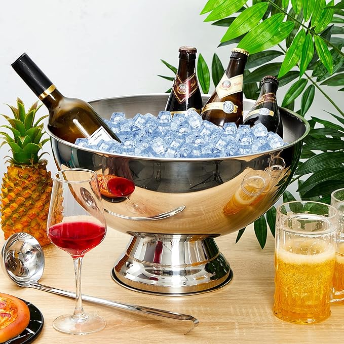 Geetery 3 Gallon 12L Stainless Steel Champagne Bucket Punch Bowl with Ladle Ice Bucket for Parties Metal Wine Bowl with Base Large Size Ice Bowl for Wine Beer Home Bar Parties