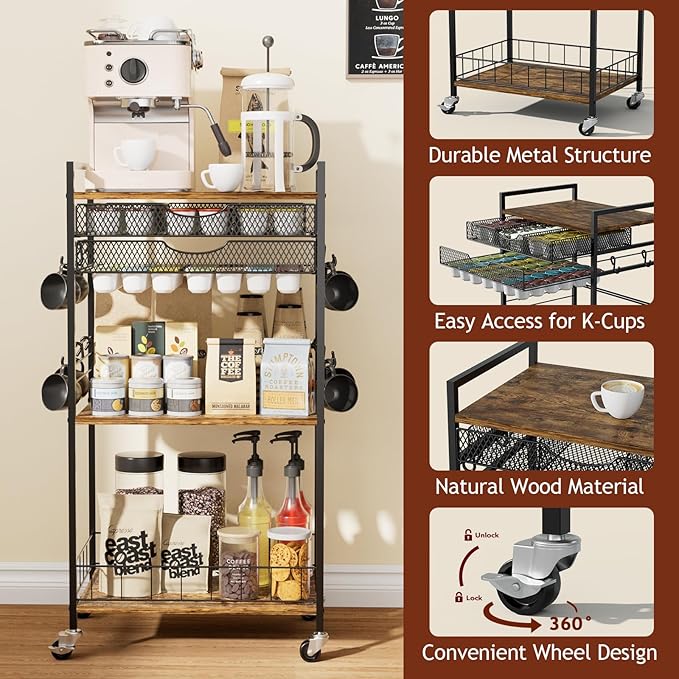 Coffee Bar Station with Storage Drawer - 5 Tier Coffee Table Countertop Organizer for K Cups, Tea Bags, Sugar Storage and Kitchen Cabinets (Brown)