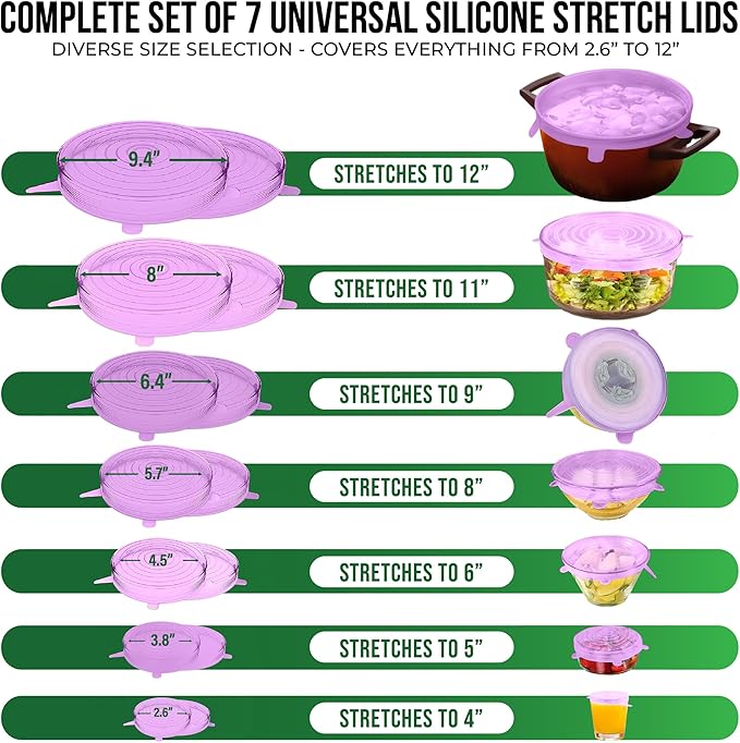Reusable Silicone Stretch Lids for Food Storage in Fridge - Elastic Heat-Resistant Bowl Covers, Cups, Cans, Jars - Universal Food Grade Lid - Dishwasher Safe -7 Pack-Lavender Bloom Stretchy Lid Set