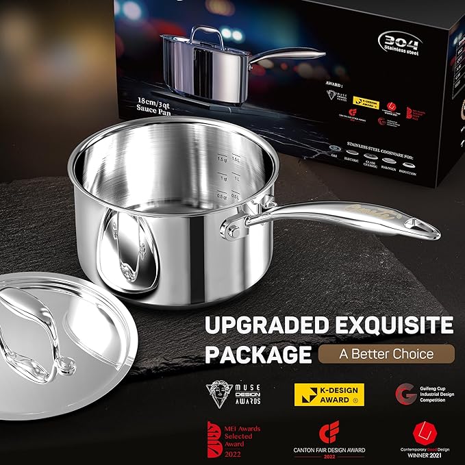 3 Qt Saucepan with Lid - Upgraded Package - 3 Quart 18/10 Stainless Steel Sauce Pan with Mirror Polishing and 2 Sacles, Induction Cookware, Small Pot for Cooking, Dishwasher Safe Oven Safe