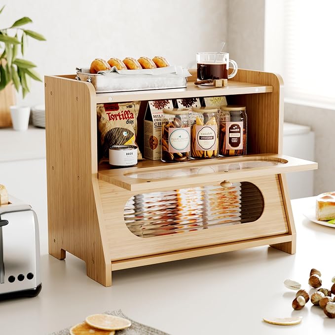 Bread Box for Kitchen Countertop,Double Layer Large Capacity Bamboo Bread Storage Container with Acrylic Wavy Door Panel for Kitchen Counter,Cabinet,Pantry(Natural Bamboo)